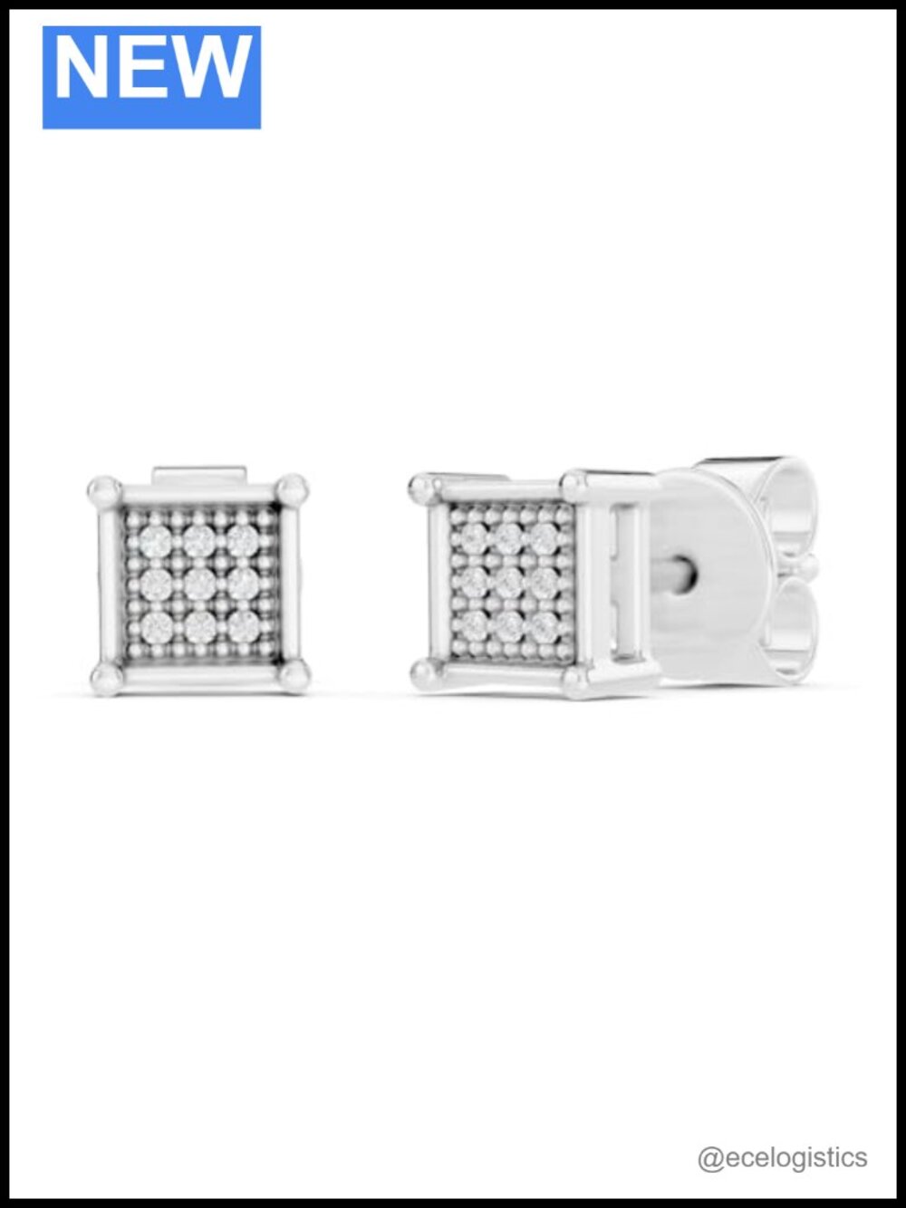 Sterling Silver Natural Diamond Square Stud Earrings Unisex Gift